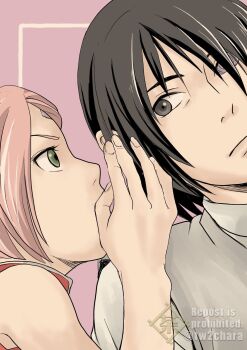 Rule 34 | 1boy, 1girl, black eyes, black hair, boruto: naruto next generations, chara no7, commentary request, facial mark, forehead mark, frown, green eyes, hair over one eye, haruno sakura, highres, husband and wife, naruto (series), pink hair, rinnegan, twitter username, uchiha sasuke, watermark, whispering in ear