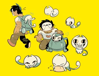 Rule 34 | 1boy, animal, backpack, bag, black hair, bowl, cat, closed eyes, commentary request, eating, gogeyama, grey pants, grin, highres, looking to the side, mask, multiple views, narrowed eyes, off (game), pants, pet bowl, print shirt, puff of air, sharp teeth, shirt, short hair, short sleeves, sideways glance, slit pupils, smile, teeth, the judge (off), white shirt, yellow background, yellow eyes, zacharie (off)