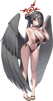 1girl absurdres arm_under_breasts bikini black_bikini black_choker black_hair black_wings blue_archive breasts choker commentary_request halo hasumi_(blue_archive) hasumi_(swimsuit)_(blue_archive) highres korean_commentary large_breasts legs long_hair navel official_alternate_costume red_eyes red_halo sandals solo stomach swimsuit thighs toes transparent_background very_long_hair wakum wings