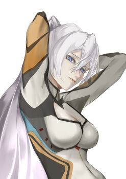 1girl 9nocn absurdres arms_behind_head blue_eyes bodysuit breasts cleavage highres honkai_(series) honkai_impact_3rd kiana_kaslana kiana_kaslana_(white_comet) large_breasts long_hair ponytail self_cosplay simple_background skin_tight solo very_long_hair white_background white_bodysuit white_hair