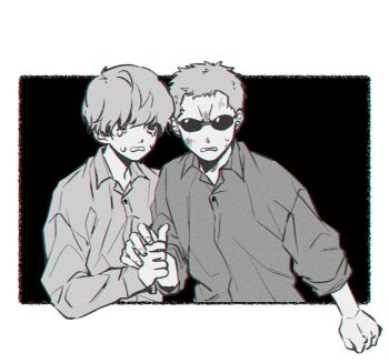 2boys aged_down black_eyes blonde_hair brothers child collared_shirt crying crying_with_eyes_open dirty dirty_face donquixote_doflamingo donquixote_rocinante holding_hands looking_at_viewer male_focus monochrome multiple_boys one_piece open_mouth ru_opc shirt short_hair siblings small_sweatdrop sunglasses tears