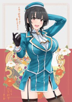 1girl 2026 beret black_gloves black_hair black_thighhighs blush breasts commentary_request cowboy_shot flower garter_straps gloves hat highres jouzaburou_(joe3) kantai_collection large_breasts looking_at_viewer military military_uniform open_mouth red_background red_eyes short_hair skirt smile solo takao_(kancolle) thighhighs white_background