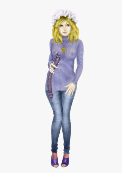 1girl blonde_hair blue_sweater breasts covered_erect_nipples denim dildo double_dildo gold_pendant hand_on_own_hip hat highres holding holding_sex_toy jeans kams looking_at_viewer maribel_hearn medium_breasts mob_cap pants red_thighhighs sandals sex_toy short_hair simple_background slides slippers smile spiked_dildo sweater thighhighs touhou turtleneck turtleneck_sweater white_hat yellow_eyes