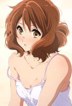 1girl bare_shoulders breasts brown_eyes brown_hair camisole cleavage collarbone commentary fluffy_hair gradient_background heart heart_in_eye hibike!_euphonium highres medium_hair messy_hair oumae_kumiko parted_lips small_breasts solo strap_slip symbol_in_eye upper_body usagihop white_camisole