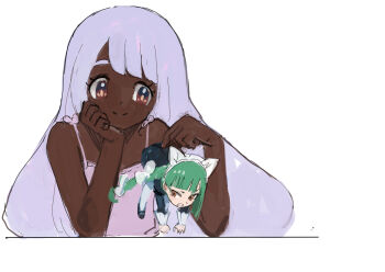 2girls absurdres alternate_costume apron bare_shoulders black_romper blush braid braided_ponytail brown_eyes camisole clenched_teeth dark-skinned_female dark_skin frown green_hair hand_on_own_chin head_on_hand head_rest highres holding holding_mini_person jacinthe_(pokemon) juliet_sleeves lebanne_(pokemon) long_hair long_sleeves looking_at_another low_drills maid maid_apron maid_headdress master_and_servant mimikku_(t87s1nbrou76962) mini_person minigirl multiple_girls nintendo pokemon pokemon_legends:_z-a puffy_sleeves purple_eyes purple_hair romper smile teeth very_dark_skin very_long_hair