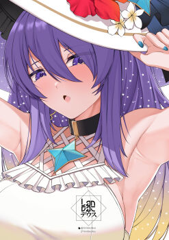 1girl animal_collar armpits artist_logo blonde_hair blue_nails collar flower gradient_hair hair_between_eyes hat hat_flower highres hololive hololive_indonesia landacdeus logo long_hair moona_hoshinova multicolored_hair open_mouth patreon_username purple_eyes purple_hair red_flower solo star_(symbol) twitter_username upper_body virtual_youtuber white_flower white_hat