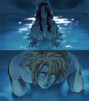 1boy 1girl absurdres aerith_gainsborough aqua_eyes blonde_hair breasts brown_hair chainsaw_man character_name cloud_strife derivative_work final_fantasy final_fantasy_vii hair_between_eyes hetero highres i&#039;ll_teach_you_everything_(chainsaw_man) long_hair looking_at_viewer medium_breasts nude outstretched_arms parted_bangs parted_lips partially_submerged pool robboyu short_hair sidelocks smile spiked_hair upper_body wavy_hair wet