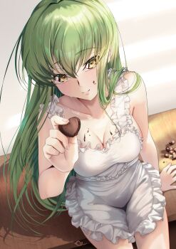 1girl absurdres apron arm_at_side arm_support armpit_crease bare_arms blush breasts budgiepon c.c. candy chocolate chocolate_heart chocolate_on_body chocolate_on_breasts chocolate_on_face cleavage closed_mouth code_geass collarbone commentary fingernails food food_on_body food_on_face foreshortening frilled_apron frills from_above green_hair groin hair_between_eyes hair_over_shoulder hand_up heart highres holding holding_chocolate holding_food incoming_food indoors lips long_hair looking_at_viewer medium_breasts melting naked_apron signature sitting smile solo split_mouth straight_hair valentine very_long_hair white_apron yellow_eyes