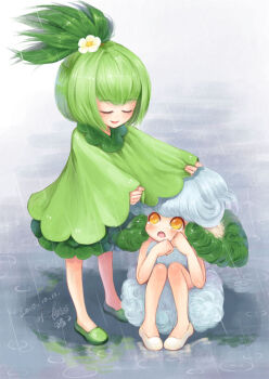 10s 2girls cloak closed_eyes cottonee curly_hair flower gen_5_pokemon green_hair hair_flower hair_ornament multiple_girls nintendo personification petilil pokemon pokemon_bw rain sanmi_tenten sitting slippers standing tears yellow_eyes