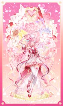 1girl absurdres beret border breasts commentary crystal_flower diamond-shaped_pupils diamond_(shape) dress elysia_(hi_love_elf)_(honkai_impact) elysia_(honkai_impact) hat hata_(ohataa0) heart high_heels highres holding_ribbon_baton honkai_(series) honkai_impact_3rd instrument large_breasts little_messenger_(honkai_impact) long_hair multicolored_hair pink_background pink_hair purple_eyes red_dress smile solo symbol-shaped_pupils thighhighs trumpet two-tone_dress two-tone_hair very_long_hair white_dress white_hair white_thighhighs