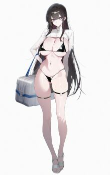1girl absurdres bag bare_legs bikini black_bikini black_hair blue_eyes breasts cleavage duffel_bag full_body highres large_breasts long_hair long_sleeves looking_at_viewer navel o-ring original orn sandals shrug_(clothing) simple_background skindentation solo stomach string_bikini swimsuit thigh_strap thighs very_long_hair white_background white_shrug