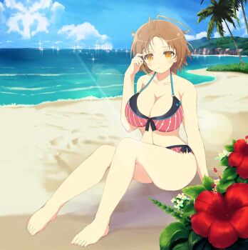 1girl adjusting_hair antenna_hair armpit_crease beach bikini blue_sky blush bob_cut bow bow_bikini breasts brown_hair chitose_(senran_kagura) cleavage closed_mouth cloud cloudy_sky collarbone day flower green_flower hibiscus horizon huge_breasts large_breasts leaf lens_flare linea_alba looking_at_viewer mountainous_horizon o-ring o-ring_bikini ocean official_art orange_eyes outdoors palm_leaf palm_tree red_bikini red_flower sand senran_kagura senran_kagura_new_wave shore short_hair sitting sky smile solo sparkle striped_bikini striped_clothes swimsuit tree two-tone_flower water white_flower