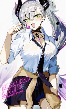 1girl black_skirt blush body_markings breasts candy choker clothes_around_waist collared_shirt commentary_request crossed_bangs demon_girl demon_horns ear_piercing fate/grand_order fate_(series) food green_eyes grey_hair hair_between_eyes highres horns kabosoi_mangaka large_breasts lilith_(fate) lollipop long_hair looking_at_viewer open_mouth piercing pointy_ears shirt short_sleeves skirt smile solo sweater sweater_around_waist thighs twintails very_long_hair white_shirt yellow_sweater