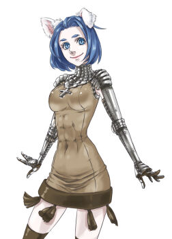 1girl animal_ears armor blue_eyes blue_hair breasts brown_dress brown_gloves brown_thighhighs closed_mouth commentary_request covered_abs covered_navel cowboy_shot cross dog_ears dog_girl dress gauntlets gloves knight_(ragnarok_online) large_breasts looking_at_viewer pauldrons ragnarok_online short_hair shoulder_armor simple_background smile solo thighhighs toriria white_background