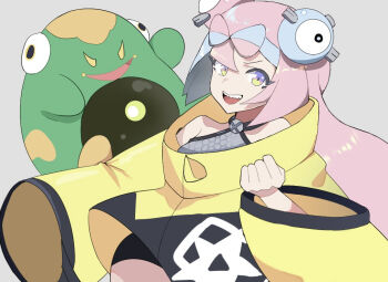 1girl :d bellibolt bow-shaped_hair character_hair_ornament clenched_hand commentary_request grey_background grey_shirt hair_ornament happy iono_(pokemon) jacket long_sleeves multicolored_hair nintendo open_mouth pokemon pokemon_(creature) pokemon_sv shirt simple_background sleeveless sleeveless_shirt smile splatoonwakame teeth two-tone_hair upper_teeth_only yellow_jacket