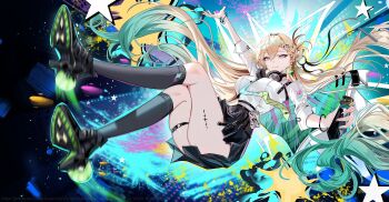 1girl absurdres black_shoes black_skirt black_socks blonde_hair breasts colorful_background commentary gradient_hair graffiti green_hair hair_between_eyes hair_ornament headphones headphones_around_neck highres holding holding_spray_can id_card jacket long_hair looking_at_viewer lynae_(wuthering_waves) medium_breasts multicolored_hair parted_lips purple_eyes shirt shirt_tucked_in shoes skirt skull_hair_ornament smile soare_lucien socks solo spray_can tacet_mark_(wuthering_waves) thighs very_long_hair white_jacket white_shirt wuthering_waves