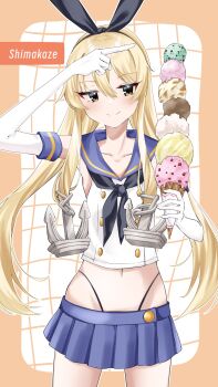 1girl anchor_hair_ornament black_hairband black_neckerchief black_panties blonde_hair blue_sailor_collar blue_skirt character_name commentary_request crop_top elbow_gloves food gloves grey_eyes hair_ornament hairband highleg highleg_panties highres holding holding_food holding_ice_cream holding_ice_cream_cone ice_cream ice_cream_cone kantai_collection long_hair microskirt miniskirt multiple_scoops neckerchief panties pleated_skirt sailor_collar shimakaze_(kancolle) shiratsuki_azu shirt skirt sleeveless sleeveless_shirt solo striped_clothes striped_thighhighs thighhighs too_many too_many_scoops underwear white_gloves