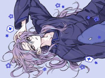 1boy arm_up blue_hair blue_pajamas blue_shirt collared_shirt commentary expressionless grey_eyes hair_between_eyes hand_on_own_head holding holding_pillow hoshirube_sho long_hair long_sleeves looking_at_viewer lying male_focus messy_hair multicolored_hair mummeo_p nijisanji on_back otomo_(hoshirube_sho) pajamas parted_bangs parted_lips pillow purple_hair shirt solo star_(symbol) streaked_hair symbol-only_commentary very_long_hair virtual_youtuber