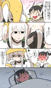 2girls arceus bags_under_eyes black_eyes black_hair blank_eyes blush blush_stickers commentary earrings fang fewer_digits full-face_blush gen_4_pokemon heavy_breathing high_ponytail highres horns jewelry kasugai_(de-tteiu) legendary_pokemon machia_(kasugai_(de-tteiu)) maria_(kasugai_(de-tteiu)) mask mask_on_head messy_hair multicolored_hair multiple_girls mythical_pokemon nintendo partially_translated personification pokemon ponytail regigigas smirk sparkle steaming_body sweat translation_request trembling under_covers white_hair yuri