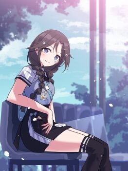 Rule 34 | 1girl, absurdres, black hair, black necktie, black skirt, black socks, blue shirt, blue sky, blush, braid, chair, cloud, highres, idolmaster, idolmaster shiny colors, jtangc, kneehighs, looking at viewer, low twin braids, mitsumine yuika, multiple hair clips, necktie, shirt, sitting, skirt, sky, smile, socks, solo, striped clothes, striped socks, thighs, tree, twin braids