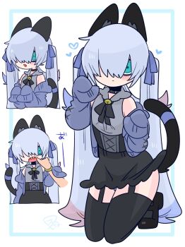 1boy :/ animal_ear_fluff animal_ears bare_shoulders bell black_choker black_corset black_ribbon black_shoes black_skirt black_tail black_thighhighs blue_bow blue_cardigan blue_eyes blue_hair blue_panties blue_ribbon blush bow bulge cardigan cat_boy cat_ears cat_tail choker collared_shirt colored_tips commentary corset crossdressing crossdressing_(mtf) disembodied_hand double-parted_bangs drooling fangs finger_in_another&#039;s_mouth flipped_hair frilled_shirt_collar frills full_body garter_straps grey_shirt hair_between_eyes hair_bow hair_over_one_eye hand_on_another&#039;s_wrist hand_up hands_up heart highres jingle_bell kneeling long_hair long_sleeves looking_at_viewer male_focus miniskirt multicolored_hair multiple_views neck_bell neck_ribbon no_nose off_shoulder one_eye_covered op_na_yarou open_cardigan open_clothes open_mouth original panties panty_peek parted_lips paw_pose quad_tails red_hair ribbon rigel_(op_na_yarou) shirt shoes sidelocks simple_background skirt sleeveless sleeveless_shirt sleeves_past_fingers sleeves_past_wrists straight_hair tail tail_ornament tail_ribbon thighhighs thighs trap underwear upper_body very_long_hair watermark white_background white_hair wide-eyed