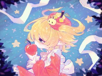 1girl animal apple blonde_hair blue_background blue_eyes caterpillar character_request copyright_request dress food food_on_head frilled_dress frills from_side fruit fruit_on_head hashtag-only_commentary highres holding holding_food holding_fruit imminent_bite long_sleeves object_on_head okubatomaeba pointy_ears profile red_dress short_hair solo star_(symbol) upper_body