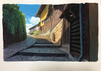 blue_sky border cloud commentary day english_commentary house industrial_pipe nishikawa_youichi no_humans original outdoors painting_(medium) path plant power_lines road scenery shade sky stairs sunlight traditional_media vines white_border