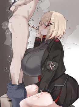 1boy 1girl ^^^ absurdres age_difference azur_lane bar_censor blush breasts censored cleavage clothed_female_nude_male clothes_pull commander_(azur_lane) cross femdom hand_in_own_panties highres huge_breasts imminent_fellatio implied_masturbation iron_cross light_smile little_boy_commander_(azur_lane) looking_at_penis ltiki naughty_face nude on_floor onee-shota pants pants_pull penis precum roon_(azur_lane) shota small_penis smile steam steaming_body trembling twitching_penis