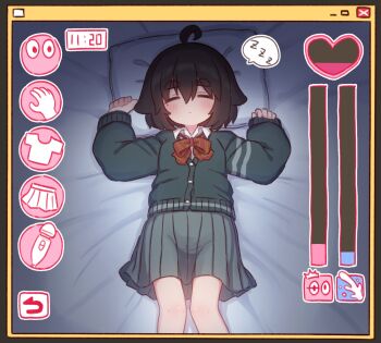 1girl ahoge arrow_(symbol) artist_self-insert blush border buttons cardigan clock closed_eyes closed_mouth commentary_request feet_out_of_frame gameplay_mechanics green_cardigan grey_border hair_between_eyes heart highres hitachi_magic_wand long_sleeves lying medium_hair mole mole_under_eye naga_u naga_u-chan no_nose on_back original pillow pleated_skirt sex_toy shirt skirt sleeping sleeves_past_wrists solo speech_bubble straight-on t-shirt thick_eyebrows user_interface vibrator window_(computing) wing_collar
