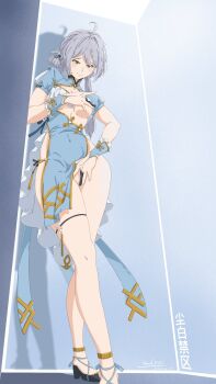 Rule 34 | ahoge, blue dress, blush, breasts, china dress, chinese clothes, covering privates, dress, grey hair, high heels, highleg, highleg dress, highres, lyfe bestla, mandarin collar, medium breasts, partially visible vulva, pussy, side slit, snowbreak: containment zone, tanaka29556626, twintails, yellow eyes