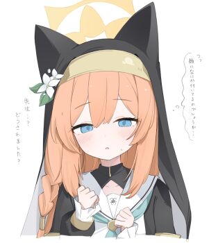 1girl :o animal_ear_headwear animal_ears armlet black_jacket black_veil blue_archive blue_eyes blue_neckerchief blush braid coif collarbone dot_nose dress fake_animal_ears fang flower flying_sweatdrops hair_between_eyes halo hands_up hat hat_flower highres jacket jewelry long_hair long_sleeves looking_at_viewer mari_(blue_archive) neckerchief nun orange_hair parted_lips portrait puffy_long_sleeves puffy_sleeves sailor_collar side_braid sidelocks simple_background single_braid skin_fang sleeves_past_wrists solo speech_bubble standing sweatdrop thought_bubble tntl_nemui translated veil white_background white_dress white_flower white_sailor_collar yellow_halo
