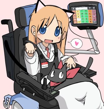 1girl :d animal_ears black_cat blue_eyes blush cat cat_ears coat drooling fang happy head_tilt heart highres image_in_speech_bubble lab_coat long_hair long_sleeves looking_at_viewer lottie_(gravyalloverhim) neckerchief necktie nichijou no_nose non-web_source open_mouth orange_hair parted_bangs pink_background professor_shinonome red_neckerchief red_necktie sakamoto_(nichijou) saliva sidelocks simple_background sitting smile solo speech_bubble upper_body wheelchair white_coat