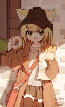 Rule 34 | 1girl, :d, animal ear fluff, animal ears, bag, blonde hair, brown skirt, coat, commentary request, donut, food, green eyes, hair between eyes, hat, holding, holding food, long hair, long sleeves, open clothes, open coat, open mouth, original, paper bag, pleated skirt, skirt, smile, solo, thighhighs, waka (yuuhagi (amaretto-no-natsu)), yuuhagi (amaretto-no-natsu)