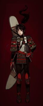 1girl armor black_hair boomerang bridal_gauntlets brown_eyes hand_on_own_hip highres huge_weapon japanese_armor katana looking_at_viewer mossacannibalis original parted_lips pelvic_curtain ponytail red_background shoulder_armor sode solo standing sword weapon weapon_on_back