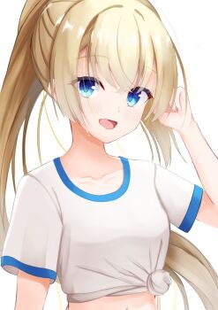 1girl :d absurdres alternate_costume alternate_hairstyle blonde_hair blue_eyes blush collarbone commentary_request crossed_bangs eyelashes eyes_visible_through_hair floating_hair hair_between_eyes hand_up happy highres kiki0319i long_hair looking_at_viewer navel open_mouth ponytail shirayuki_noa shirt short_sleeves sidelocks simple_background smile solo sweat tenshi_souzou_re-boot! tied_shirt upper_body very_long_hair white_background white_shirt