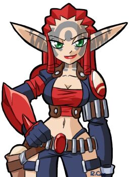 1girl arm_at_side ashelin_praxis breasts cleavage cowboy_shot drawing_on_another&#039;s_face dreadlocks facing_viewer green_eyes hand_on_own_hip jak_and_daxter jak_ii light_smile long_ears long_pointy_ears looking_at_viewer midriff navel pointy_ears red_hair simple_background solo standing white_background