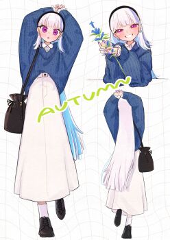 1girl 3znk :o alternate_costume arms_up autumn bag black_bag black_hairband black_shoes blue_flower blue_hair blue_nails blue_sweater blush collared_shirt colored_inner_hair dotted_line earrings elbow_rest english_text flower gentiana_(flower) grid_background hair_behind_ear hairband high-waist_skirt highres holding holding_flower jewelry lize_helesta long_hair long_skirt long_sleeves looking_at_viewer multicolored_hair multiple_views nail_polish nijisanji own_hands_together puffy_long_sleeves puffy_sleeves purple_eyes shirt shirt_under_sweater shoes shoulder_bag skirt sleeves_past_wrists socks standing standing_on_one_leg streaked_hair sweater two-tone_hair very_long_hair virtual_youtuber white_background white_hair white_shirt white_skirt white_socks
