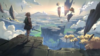 1boy above_clouds archaic_set_(zelda) arms_at_sides artist_name back belt body_markings cloud commentary day english_commentary floating_island from_behind green_robe green_tunic highres holding holding_sword holding_weapon landscape ledge link long_shirt long_sidelocks looking_afar master_sword medium_hair mountainous_horizon nintendo non-circular_lens_flare official_alternate_costume outdoors plateau prosthesis prosthetic_arm robe sandals shadow sidelocks single_bare_shoulder single_off_shoulder sky solo stone_floor sun sunlight sword the_legend_of_zelda the_legend_of_zelda:_tears_of_the_kingdom tunic vertigris watermark weapon white_hair
