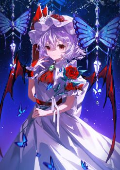 1girl absurdres ascot bat_wings blue_background brooch bug butterfly closed_mouth collared_shirt cowboy_shot flower frilled_shirt_collar frills hand_up hashtag-only_commentary hat hat_flower hat_ribbon highres holding holding_flower insect jewelry looking_at_viewer mob_cap puff_and_slash_sleeves puffy_sleeves purple_hair red_ascot red_eyes red_flower red_ribbon red_rose remilia_scarlet revision ribbon ringo_no_usagi rose shirt short_sleeves skirt solo touhou white_shirt white_skirt wings wrist_cuffs