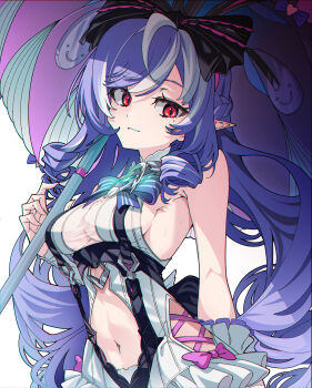 1girl absurdres bare_shoulders black_bow bow bowtie breakdiamond breasts drill_hair frilled_wrist_cuffs frills gem hair_ribbon highres holding holding_umbrella long_hair mole mole_under_eye navel pink_bow pointy_ears purple_bow purple_bowtie purple_gemstone purple_hair purple_umbrella red_eyes ribbon sideboob smile solo swimsuit teeth umbrella vivian_banshee vivian_banshee_(iris_of_the_shore) white_background wrist_cuffs zenless_zone_zero