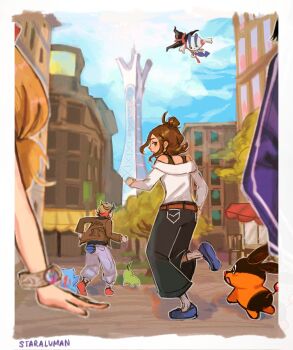 Rule 34 | 2boys, 2girls, blonde hair, brown hair, calem (pokemon), chikorita, floette, floette (red flower), gen 2 pokemon, gen 5 pokemon, gen 6 pokemon, harmony (pokemon), highres, long sleeves, looking back, mega ring, multiple boys, multiple girls, nintendo, off-shoulder shirt, off shoulder, pokemon, pokemon legends: z-a, prism tower, serena (pokemon), shirt, stardaroi, starter pokemon trio, tepig, totodile, white shirt