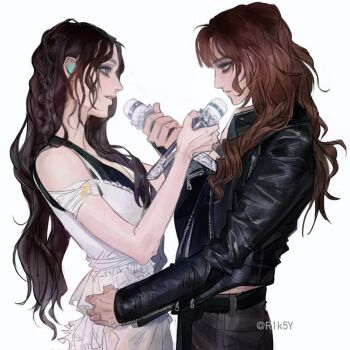 2girls artist_name black_jacket black_pants brown_hair cho_mi-yeon dress eyeshadow hand_on_another's_hip highres holding holding_microphone i-dle jacket k-pop leather leather_jacket long_hair long_sleeves makeup microphone minnie_nicha_yontararak multiple_girls pants r1k5y real_life white_dress