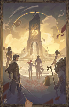 1other 3girls 4boys absurdres alina_l backpack bag bell body_markings clair_obscur:_expedition_33 coat commentary english_commentary esquie_(clair_obscur:_expedition_33) facial_hair falling_petals flying gustave_(clair_obscur:_expedition_33) highres holding holding_paintbrush holding_sword holding_weapon in-universe_location lune_(clair_obscur:_expedition_33) maelle_(clair_obscur:_expedition_33) mature_male medium_hair monoco_(clair_obscur:_expedition_33) multiple_boys multiple_girls paintbrush painting_(action) painting_(object) petals ponytail red_hair red_petals sciel_(clair_obscur:_expedition_33) scythe standing statue sword verso_(clair_obscur:_expedition_33) weapon