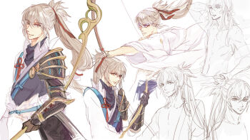 1boy atelierre bow_(weapon) fire_emblem fire_emblem_fates fujin_yumi_(fire_emblem) grey_hair holding holding_bow_(weapon) holding_weapon japanese_clothes long_hair male_focus nintendo ponytail takumi_(fire_emblem) weapon yumi_(bow)