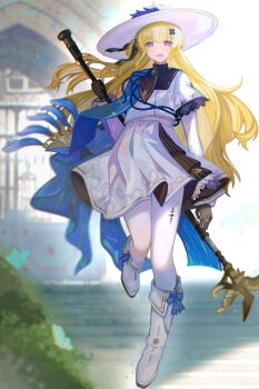 1girl absurdres black_gloves blonde_hair blurry blurry_background boots commentary_request gloves hair_ornament hand_up hat highres holding holding_staff knee_boots long_hair long_sleeves looking_at_viewer outdoors pantyhose phoebe_(wuthering_waves) purple_eyes shibaebi_(yasaip_game) shirt skirt smile solo staff sun_hat tacet_mark_(wuthering_waves) very_long_hair white_boots white_hat white_pantyhose white_shirt white_skirt wuthering_waves