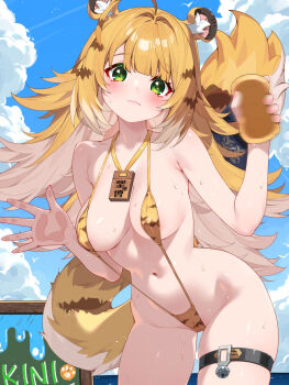 1girl against_fourth_wall against_glass ahoge alternate_costume animal_ear_fluff animal_ears bell blonde_hair blush breasts cameltoe closed_mouth colored_inner_hair commentary covered_erect_nipples green_eyes hand_on_glass highres holding holding_sponge ju_fufu long_hair looking_at_viewer medium_breasts mixed-language_commentary multicolored_hair navel skindentation slingshot_swimsuit solo sponge standing striped_hair swimsuit tail thigh_strap tiger_ears tiger_girl tiger_stripes tiger_tail waterring wet yellow_slingshot_swimsuit zenless_zone_zero