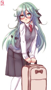 1girl alternate_costume alternate_hairstyle artist_logo bespectacled black_ribbon black_skirt blush braid dated female_focus glasses green_hair grey_sweater_vest hair_between_eyes hair_ribbon highres kanon_(kurogane_knights) kantai_collection logo long_hair long_sleeves looking_at_viewer necktie pantyhose red_necktie ribbon rolling_suitcase shirt shirt_tucked_in skirt smile solo suitcase sweater_vest v-neck vest white_background white_pantyhose white_shirt yamakaze_(kancolle)