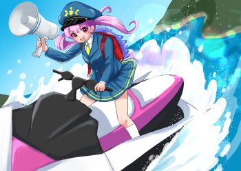 Rule 34 | 1girl, :d, akane (akane112234), blue hat, blue jacket, blue skirt, boat, collared shirt, commentary, day, dot nose, double horizontal stripe, hat, highres, holding, holding megaphone, jacket, kneehighs, layered sleeves, long hair, long sleeves, looking at viewer, megaphone, miniskirt, necktie, open mouth, original, outdoors, pink hair, pleated skirt, red eyes, shirt, skirt, smile, socks, solo, standing, striped clothes, striped skirt, twintails, water, watercraft, white shirt, white socks, yellow necktie