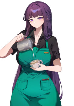 Rule 34 | 1girl, apron, barista, black shirt, breasts, closed mouth, coffee, collared shirt, cup, expressionless, fern (sousou no frieren), green apron, highres, holding, holding cup, large breasts, latte art, looking down, milk, pouring, purple eyes, purple hair, shirt, simple background, solo, sousou no frieren, weiic, white background