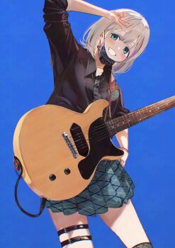 1girl aqua_eyes arm_up belt black_mask black_shirt blue_background blush bracelet cable chain chromatic_aberration collared_shirt electric_guitar fishnet_socks fishnets gibson_les_paul green_skirt grey_hair grey_necktie grin guitar guitar_strap hand_on_own_hip highres idolmaster idolmaster_shiny_colors instrument jewelry kneehighs looking_at_viewer mask mask_pull medium_hair mouth_mask multicolored_hair multiple_bracelets necktie official_alternate_costume otsudou pleated_skirt pocket purple_streaks serizawa_asahi shirt simple_background skirt sleeves_rolled_up smile socks solo streaked_hair thigh_belt thigh_strap three-quarter_sleeves w w_over_head